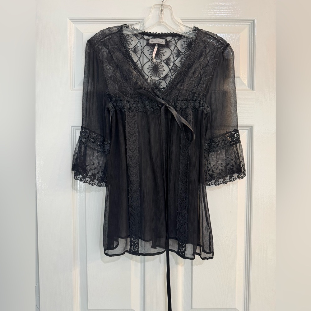 Free People Black Sheer Silk Lace Chemise Top